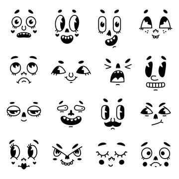 Retro Cartoon Mascot Faces with Eyes and Mouth Elements Vector Set