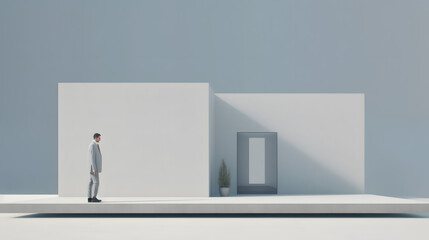 Minimalistic Monochrome Depiction of Urban Loneliness with Solitary Figure and Doors, ai generated