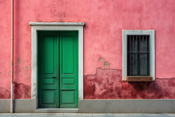 Pink Stucco Wall with Green Door Generative AI