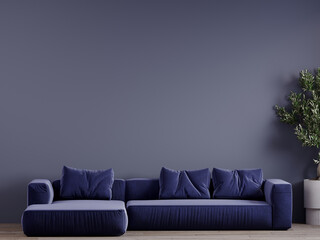 Living room in deep dark colors accent. Trendy blue navy interior in a minimalist modern style with indigo furniture. Empty painted wall for art. Mockup design - lounge or hall office. 3d rendering