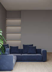 Blue navy accent sofa couch and a empty painting walls. Illuminated shelves for decor. Mockup for art or painting. Luxury living room lounge hall.  Premium reception blank. 3d rendering