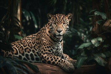 Fototapeta na wymiar Cute jaguar perched on a tree in a lush jungle setting. Generative AI