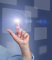 The man's hand  is pressing the virtual buttons. Concept of choice