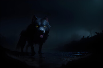 Mystical wolf in dark atmosphere forest