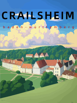 Crailsheim: Retro tourism poster with an German landscape and the headline Crailsheim in Baden-W&uuml;rttemberg