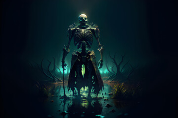 Naklejka premium Illustration of horror skeleton in dark environment