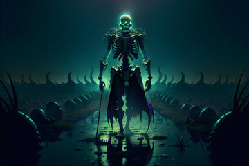 Fototapeta na wymiar Illustration of horror skeleton in dark environment