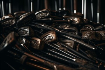 Fototapeta na wymiar Numerous golf clubs made of iron. Generative AI