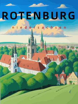 Rotenburg: Retro tourism poster with an German landscape and the headline Rotenburg in Niedersachsen