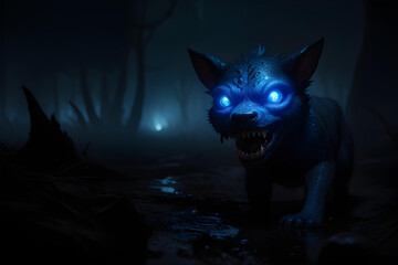 Cute mystical creature with glowing eyes in swamp