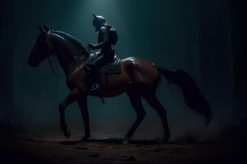 Fototapeta premium Horse rider in dark forest
