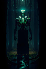 Illustration of horror skeleton in dark environment