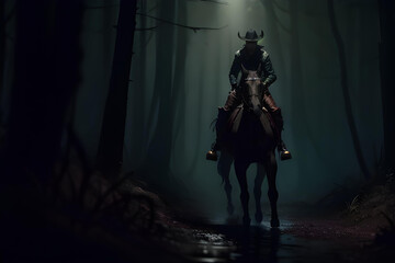 Horse rider in dark forest