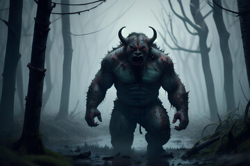 Illustration of orc in horror dark environment