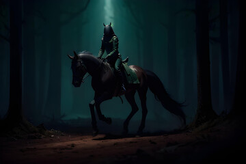 Horse rider in dark forest
