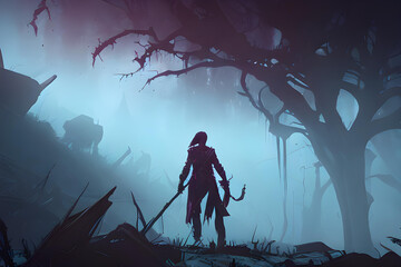 Illustration of horror skeleton in dark environment