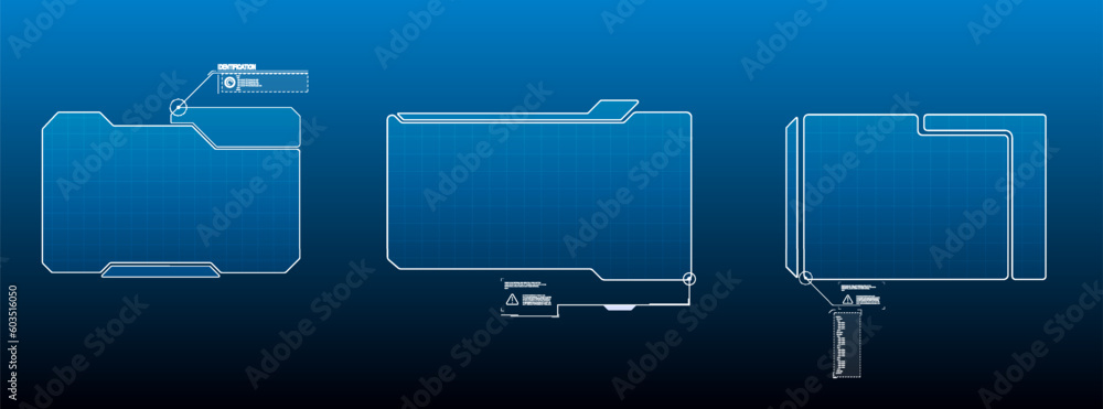 Poster HUD, UI, GUI futuristic user interface screen elements set. High tech screen for video game. Abstract virtual graphic touch user interface. game style. Modern elements of cyberpunk