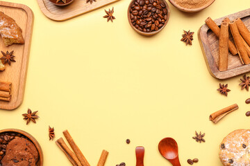 Frame made of cinnamon sticks, coffee beans, anise stars and cookies on color background, closeup