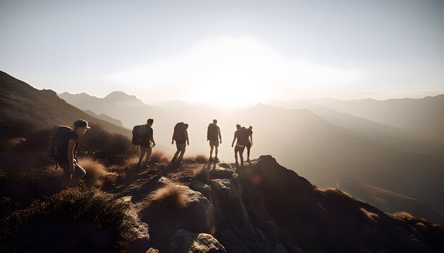 Exhilarating Excursion Through Verdant Valleys: A Group of Adventurous Friends Hiking in the Majestic Mountains, Basking in Natures Splendor and Embracing the Thrilling Journey - Generative AI