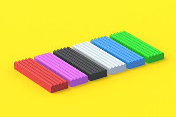 Set of plasticine bricks on yellow background. Modeling clay. Toy for kids. Preschool education. 3d render