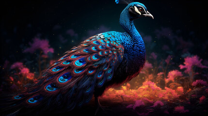 Beautiful Peacock at night. Generative AI