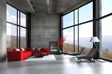 chambre avec grande fenêtre mur gris canapé rouge, generative ai
