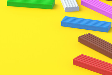 Scattered plasticine bricks on yellow background. Modeling clay. Toy for kids. Preschool education. Copy space. 3d render