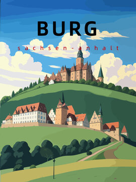 Burg: Retro tourism poster with an German landscape and the headline Burg in Sachsen-Anhalt