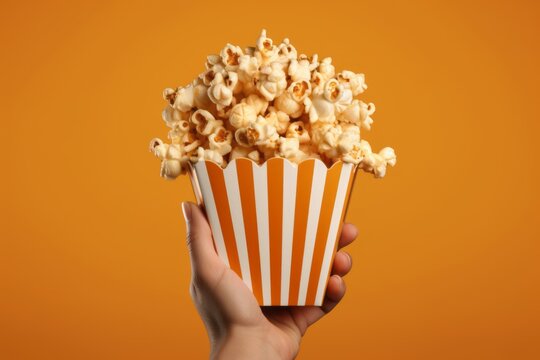 An image featuring hands holding a popcorn box, with popcorn kernels spilling out of the box. Concept irresistible nature of popcorn. Generative AI