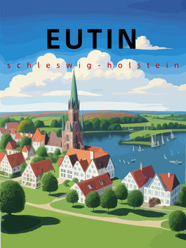 Eutin: Retro tourism poster with an German landscape and the headline Eutin in Schleswig-Holstein