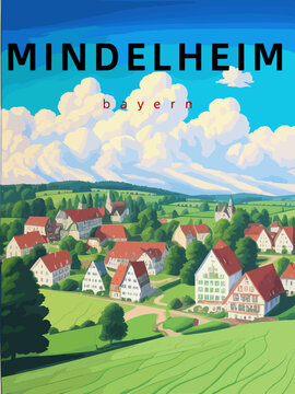 Mindelheim: Retro tourism poster with an German landscape and the headline Mindelheim in Bayern
