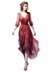 Illustration of a gorgeous young blonde girl modeling a burgundy long soft dress watercolor, created using generative ai tools