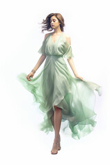 Illustration of a gorgeous young girl modeling a mint green soft dress watercolor, created using generative ai tools
