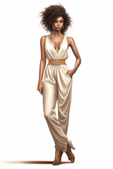 Illustration of a beautiful young african american girl modeling a beige dress watercolor, created using generative ai tools