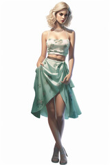 Illustration of a beautiful young blonde woman modeling a green floral and white top dress watercolor, created using generative ai tools