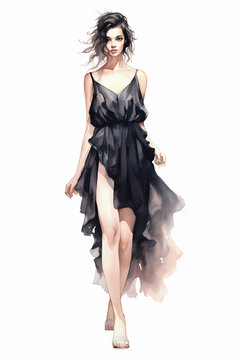 Illustration of a young brunette gorgeous girl modeling a black soft dress watercolor, created using generative ai tools
