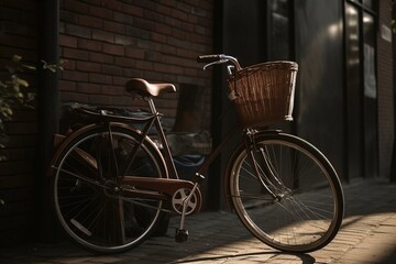 Fototapeta na wymiar Bike parked by brick wall with front/rear basket. Generative AI