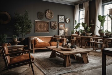 Fototapeta na wymiar Artfully arranged living room with wooden furnishings, stuccoed wall, and personal touches. Home decor inspiration. Generative AI