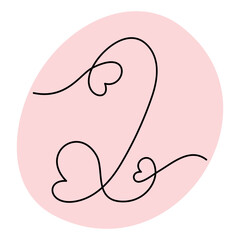 Number 2 handwritten in one continuous line with hearts against a background of trendy pink. Vector