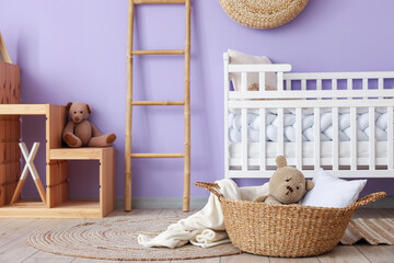 Fototapeta na wymiar Interior of children's room with crib, ladder and shelves