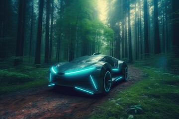 Futuristic, modern car driving on a street in nature - Generative AI