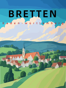 Bretten: Retro tourism poster with an German landscape and the headline Bretten in Baden-Württemberg