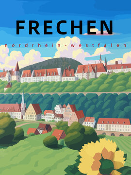 Frechen: Retro tourism poster with an German landscape and the headline Frechen in Nordrhein-Westfalen