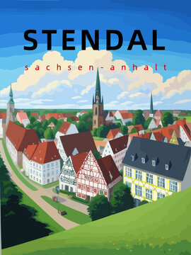 Stendal: Retro tourism poster with an German landscape and the headline Stendal in Sachsen-Anhalt