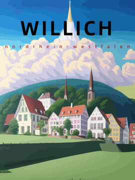 Willich: Retro tourism poster with an German landscape and the headline Willich in Nordrhein-Westfalen