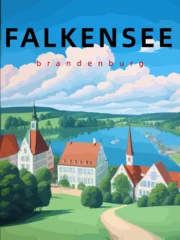 Poster Falkensee: Retro tourism poster with an German landscape and the headline Falkensee in Brandenburg © Modern Design & Foto