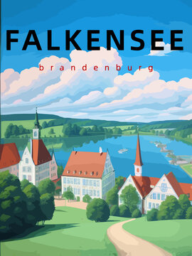 Falkensee: Retro tourism poster with an German landscape and the headline Falkensee in Brandenburg