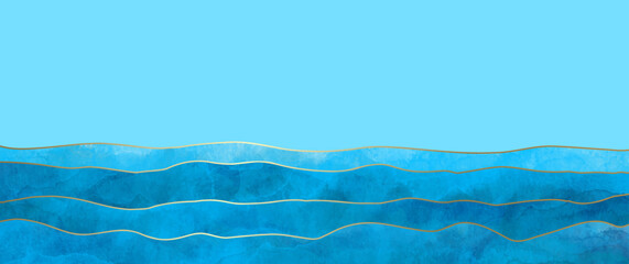 Abstract sea landscape art vector watercolor background with blue waves and golden lines. Sea design for interior, flyers, poster, cover, invitation, banner. Modern hand draw painting.