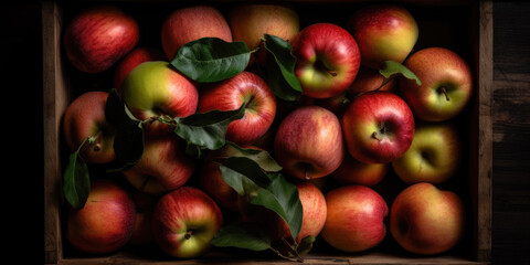 Fototapeta na wymiar Wooden box full of lovely ripe red apples. Photorealistic illustration created with Generative AI