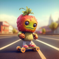image of a cute apple monster with boots and a backpack on a skateboard waiting at the highway with a pastel background and sunny lighting
